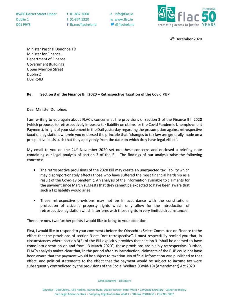 FLAC Letter to Minister Pascal Donohoe